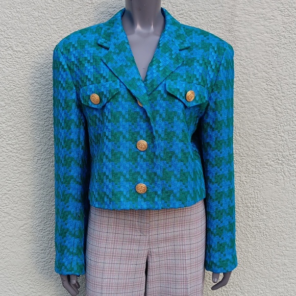 DONCASTER LADIES VINTAGE HOUNDSTOOTH LUXURY JACKET /BLAZER W/GOLD BUTTON ACCENTS